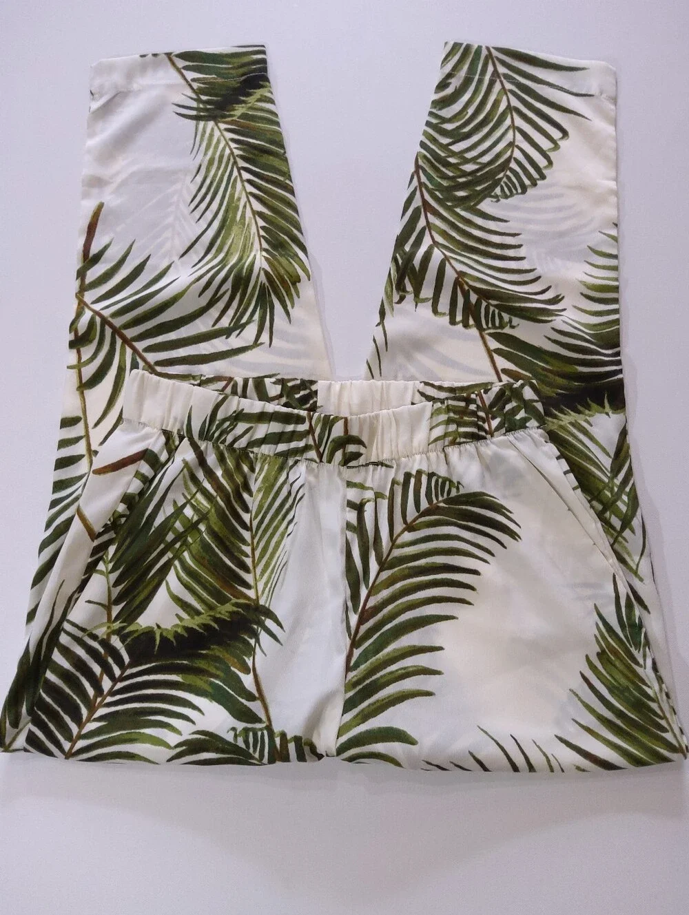 H&M Pants Womens Size 4 White Green Tropical Palm Leaf High Rise Resortwear
